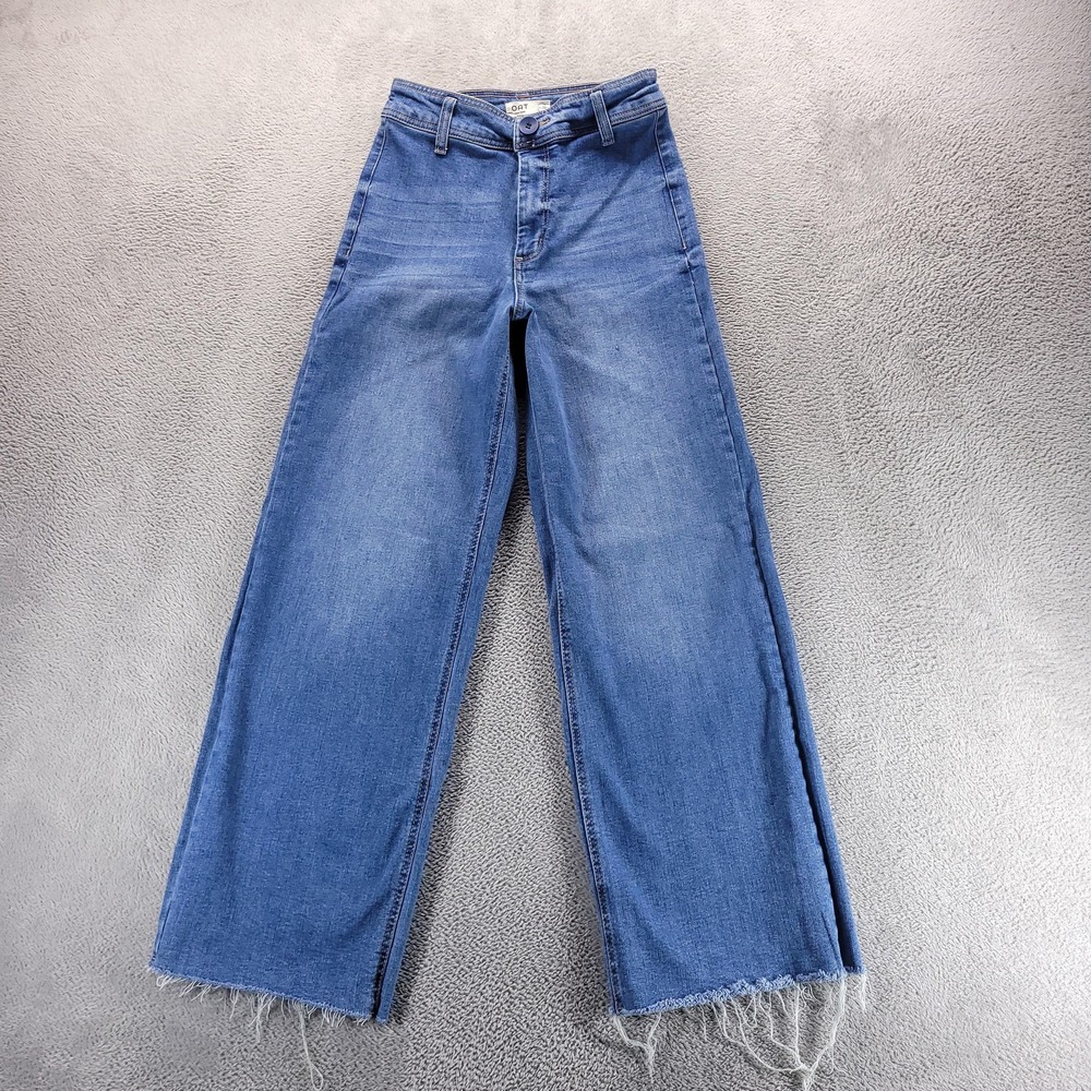 OAT New York Jeans Womens 6 Blue High Rise Wide Leg Fringe Hem Relaxed Denim